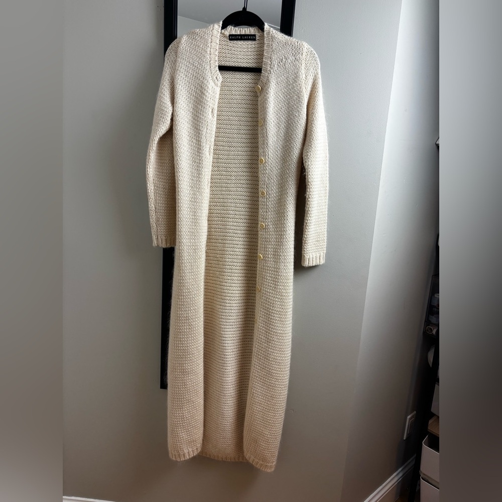 Ralph Lauren Cream Ivory Slim Fit Wool Mohair Maxi Long Knit Cardigan Sweater